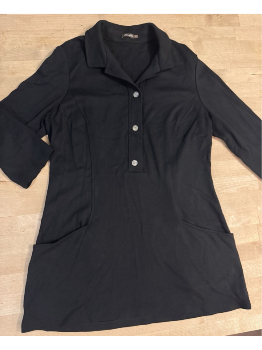 J.MCLAUGHLIN Womens Large Tunic Top Black Jersey Knit Collared Pullover Pockets